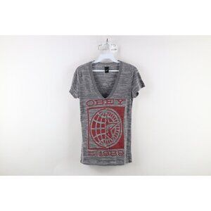 Obey Propaganda Womens Medium Spell Out Camouflage Sheer V-Neck T-Shirt Gray